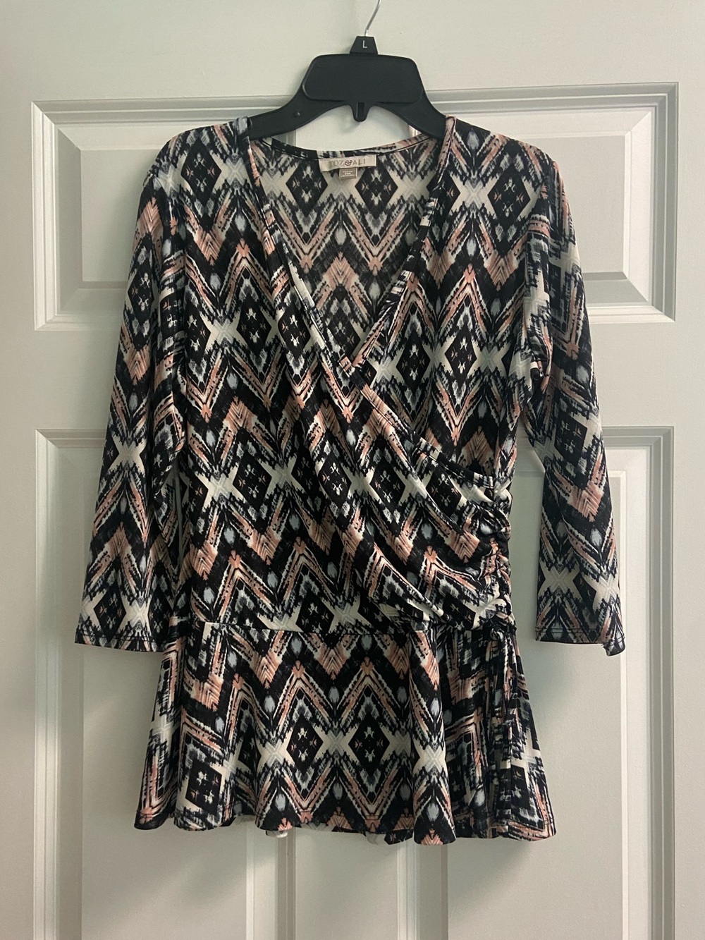 Roz & Ali Black, White & Blush Wrap Peplum Blouse